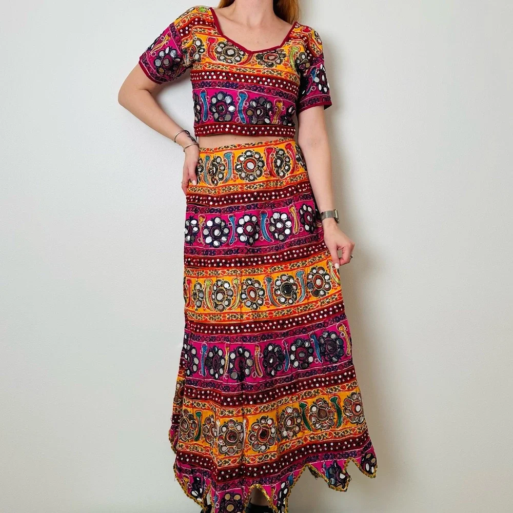 Aari Embroidered Cotton Skirt Mirror Work Indian Lehenga Choli Set Top Colorful - Picture 2 of 8